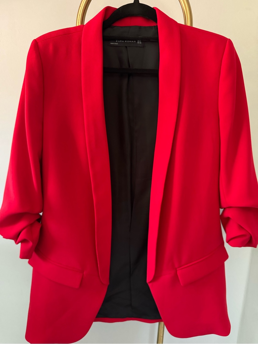 Zara Red Open-Front Shawl Collar Blazer with Black Lining